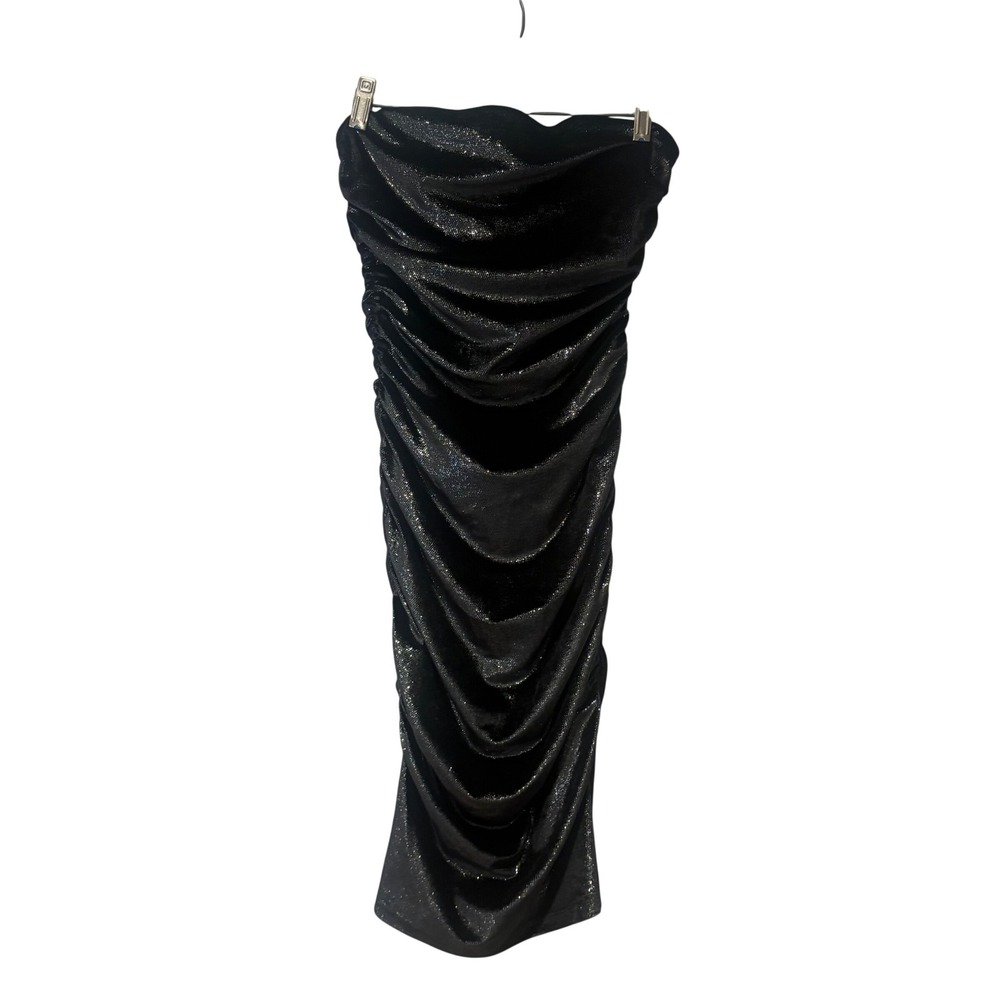 Susana Monaco Ruched Strapless Midi Dress Womens S Black Metallic Shimmer NWT